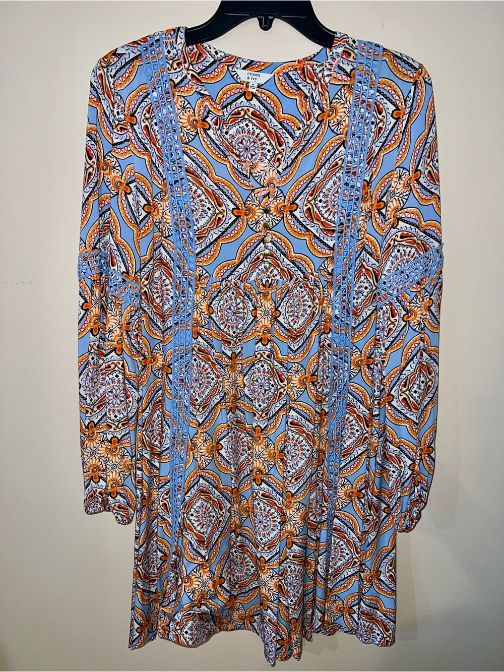 crown & ivy Light Blue and Orange Printed Long Sleeve Dress